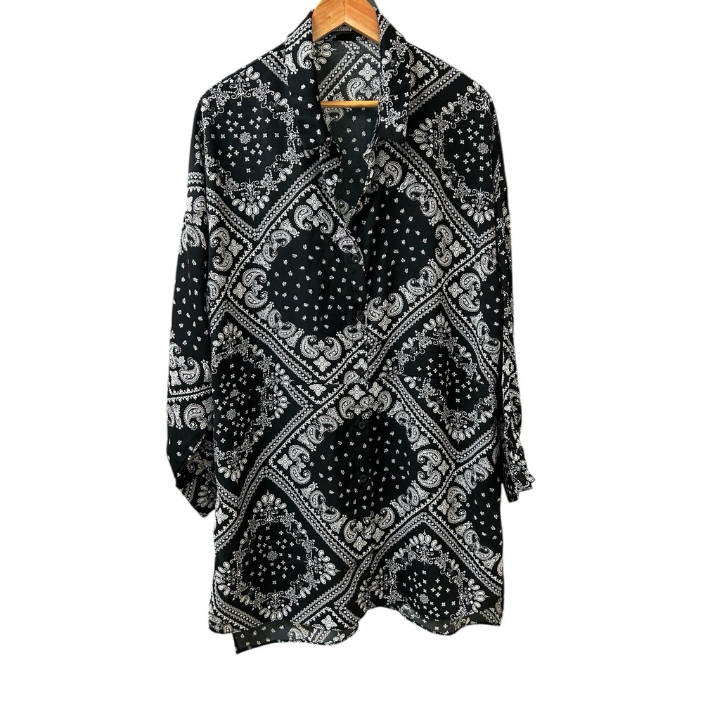 Missguided Oversized Paisley Button Shirt Size 10 Black White Long Top